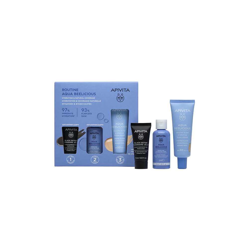 Preview image 2 of Apivita Aqua Beelicious Healhty Glow Hydrating Fluid Cream SPF30 Ελαφριά Kρέμα Ενυδάτωσης με Χρώμα 40ml & Δώρο Hydrating Toner Moisturizing Lotion 50ml & Black Detox Cleansing Jelly Face & Ey