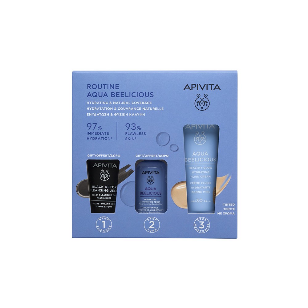 Preview image 1 of Apivita Aqua Beelicious Healhty Glow Hydrating Fluid Cream SPF30 Ελαφριά Kρέμα Ενυδάτωσης με Χρώμα 40ml & Δώρο Hydrating Toner Moisturizing Lotion 50ml & Black Detox Cleansing Jelly Face & Ey