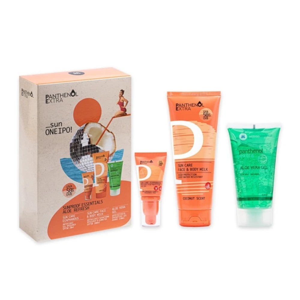 Panthenol Extra Promo Sunproof Essentials Aloe Refresh με Sun Care Diaphanous SPF 50 Αντηλιακό Gel Προσώπου, 20ml, Face & Body Milk SPF 50 Αντηλιακό Γαλάκτωμα Προσώπου & Σώματος, 200ml & Aloe
