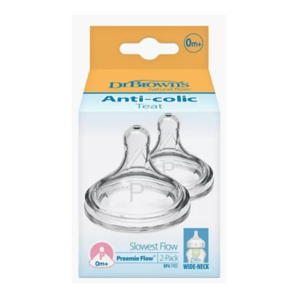 Dr Browns Dr Brown's Natural Flow Wide-Neck Baby Bottle Silicone Nipple Preemie Flow 0m+ WN0201 2pcs