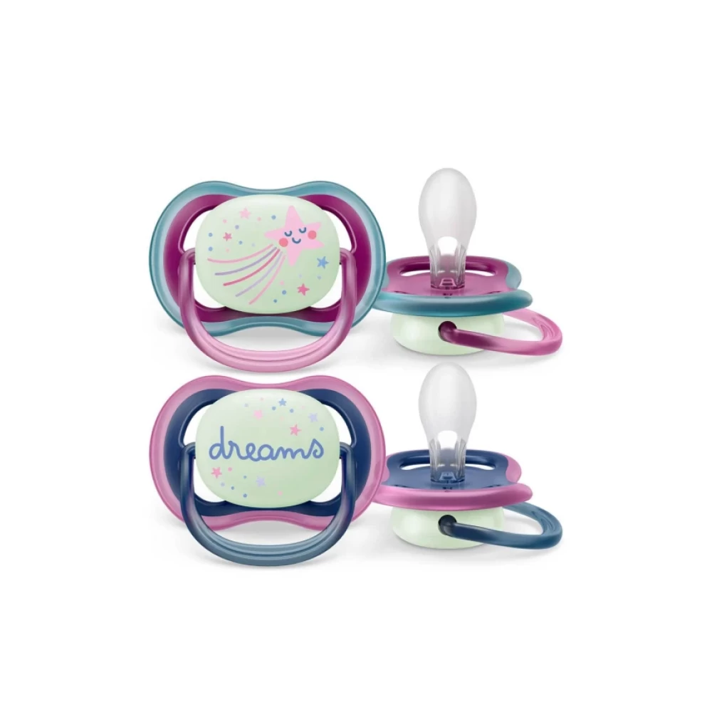 Avent Philips Ultra Air Nighttime Πιπίλα Σιλικόνης για 6-18m Φωσφορίζει στο Σκοτάδι Μπλε/Μωβ Αστέρι & Dreams 2
