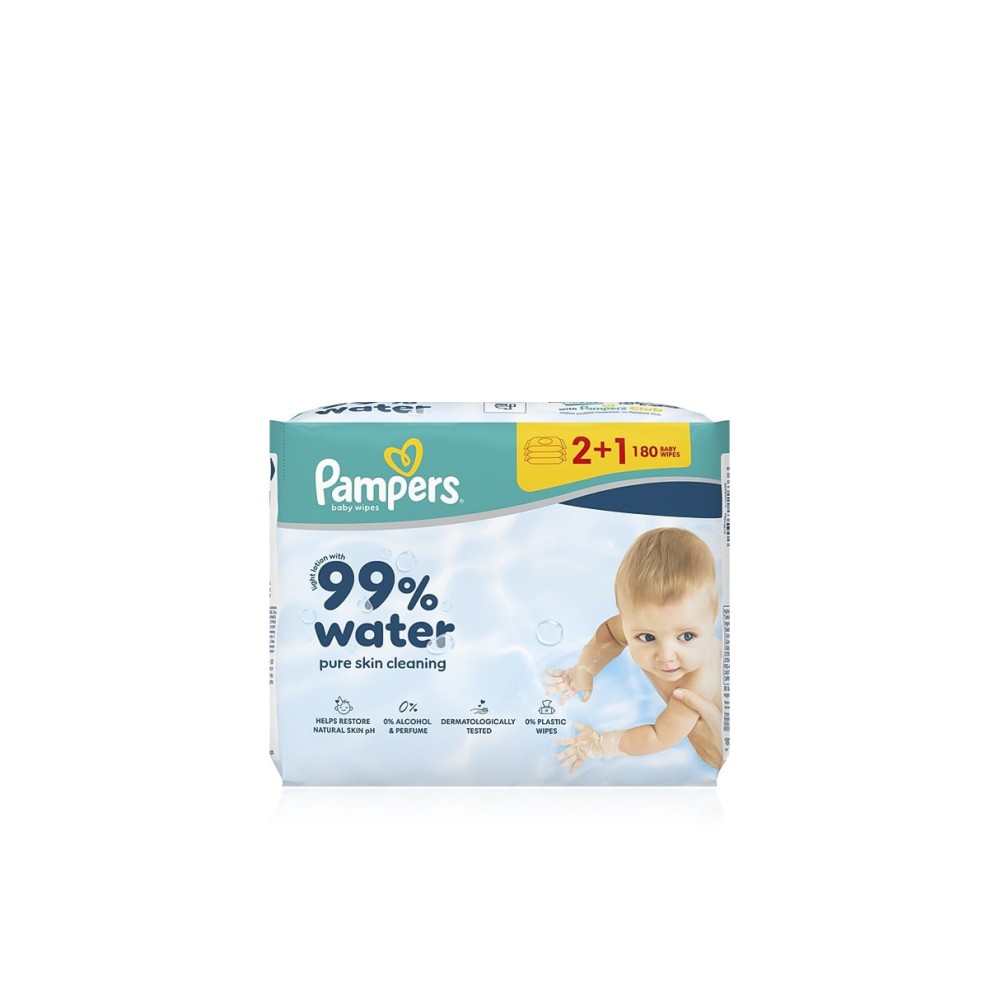 Pampers Promo Pack 99% Water Baby Wipes - Βρεφικά Μωρομάντηλα 3 x 60 τεμάχια