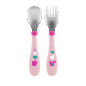 Σετ Πιρούνι Κουτάλι Ανοξείδωτο Chicco Metal Cutlery Mix & Match 18+ Μηνών Ροζ
