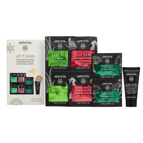 Apivita Promo Let it Glow για Ενυδάτωση & Λάμψη Express Beauty Μάσκα Προσώπου Αλόη, 2x8ml, Μάσκα Προσώπου Ρόδι, 2x8ml, Μάσκα Ματιών Ginkgo Biloba, 2x2ml & Δώρο Μαύρο Gel Καθαρισμού, 15ml,1σετ