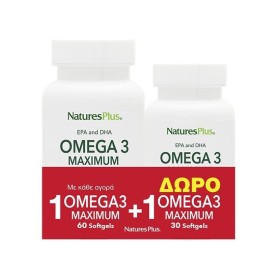 Natures Plus Promo Omega-3 Maximum Συμπλήρωμα Διατροφής Ιχθυελαίου, 60+30 μαλακές κάψουλες