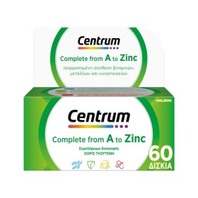 Centrum Complete A to Zinc Συμπλήρωμα Διατροφής με Βιταμίνες, Μέταλλα & Ιχνοστοιχεία για Ενέργεια, Ενίσχυση του Ανοσοποιητικού με Αντιοξειδωτικές Ιδιότητες 60tabs