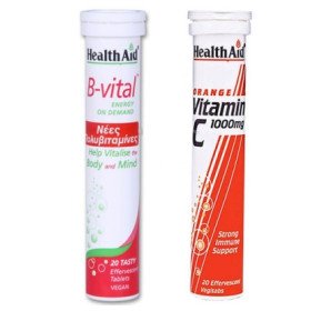 Health Aid B-Vital Σύμπλεγμα Βιταμινών Β, C & Μετάλλων, με γεύση βερύκοκο, 20 eff. tabs & ΔΩΡΟ Vitamin C 1000mg με Γεύση Πορτοκάλι, 20 eff.tabs